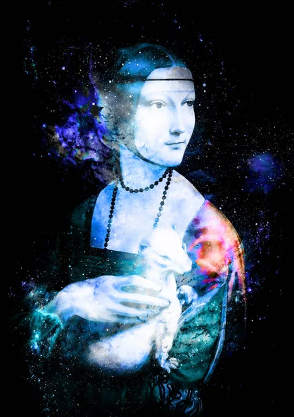 Graphic Effect Collage Reproduction Painting Lady Ermine Leonardo Vinci Cosmic — Stock Photo, Image