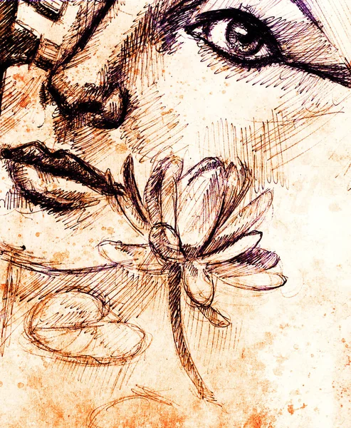 Dibujo Del Detalle Cara Mujer Con Flor Sobre Fondo Gráfico — Foto de Stock