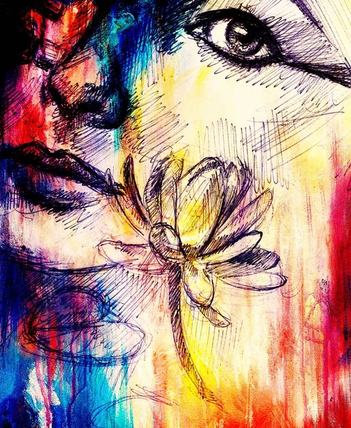 Drawing of woman face detail with flower on graphic background with structure effect