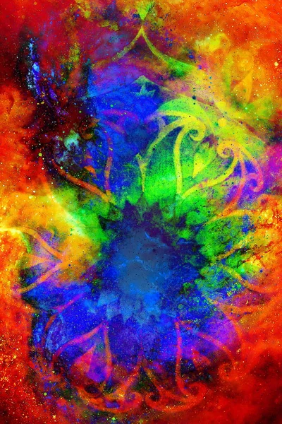 Filigrane Floral Sieraad Met Mandala Vorm Kosmische Backgrond Computer Collage — Stockfoto