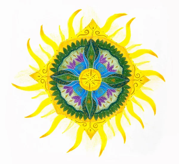 Ozdobna Mandala Słonecznym Patten Krzyż Białym Tle — Zdjęcie stockowe