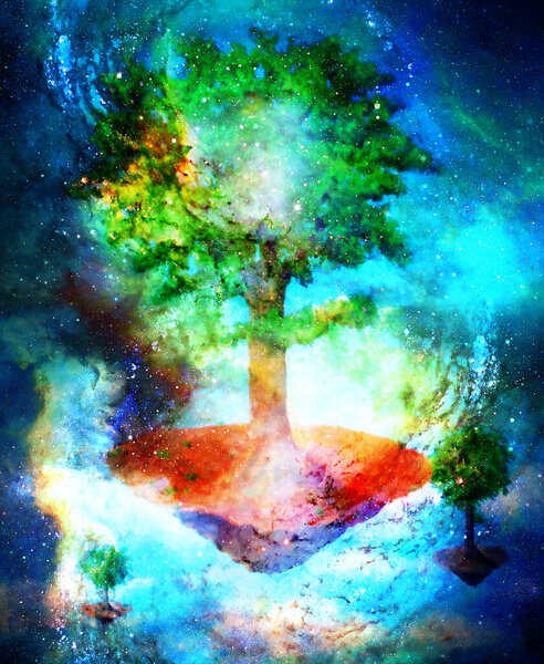 Flying mystical tree motive, original painting with graphic effect