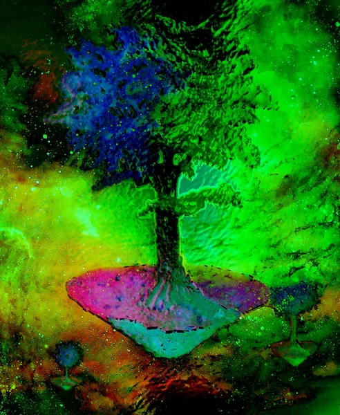 Létající Motiv Mystického Stromu Originální Malba Grafickým Efektem — Stock fotografie