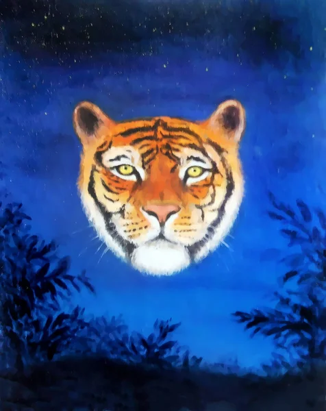 Голова Молодого Тигра Ночном Небе Эффект Живописи Маслом Графической Структуры — стоковое фото