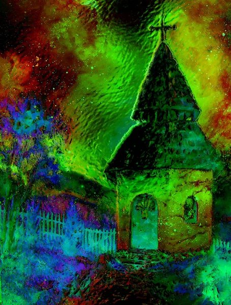 Mistyczna Dzwonnica Światłami Przestrzeni Graficzny Kolaż Malarstwa — Zdjęcie stockowe