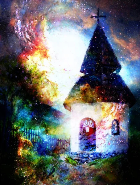 Mystical Belfry Lights Space Graphic Collage Painting — Stock Photo, Image