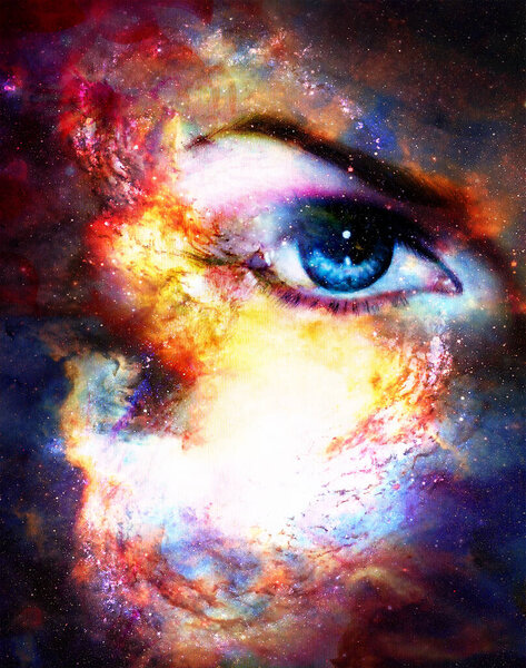Woman eye in cosmic background. Painting and graphic design