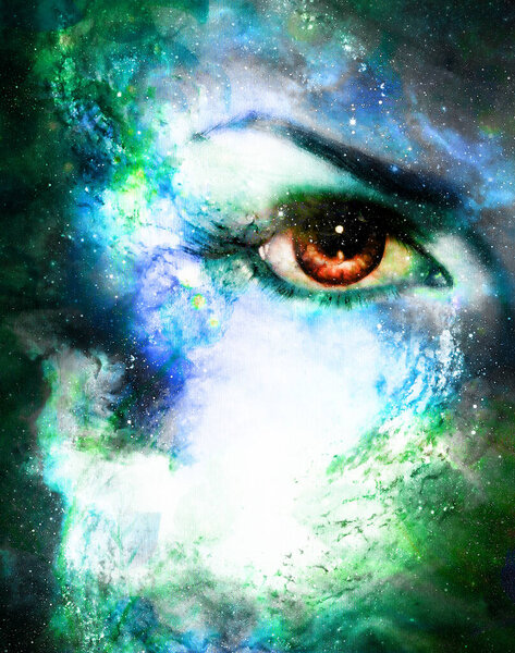 Woman eye in cosmic background. Painting and graphic design