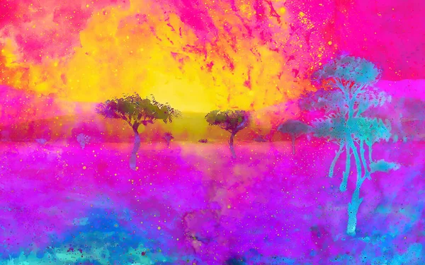 Groupe Arbres Dans Vaste Paysage Africain Effet Couleur Graphique — Photo