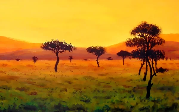 Grupa Drzew Rozległym Afrykańskim Krajobrazie Efekt Koloru Graficznego — Zdjęcie stockowe
