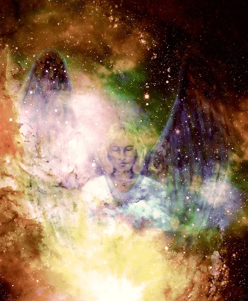 Spiritual Angel in cosmic space. Painting and glass effect