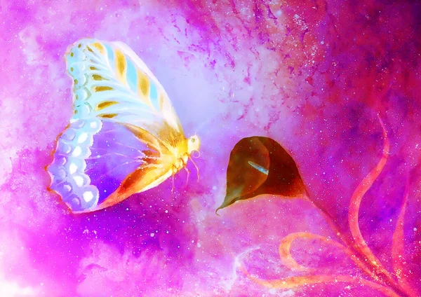 カラの花で宇宙空間を舞う蝶 グラフィックデザインの絵画 — ストック写真