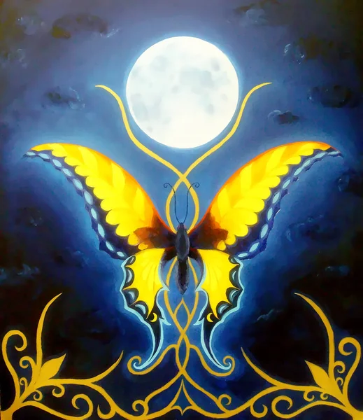 Farbe Schmetterling Mit Ornament Und Nachthimmel Mit Mond Hintergrund — Stockfoto