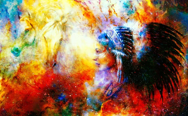 Молодая Индейская Женщина Великолепном Головном Уборе Двумя Лошадьми Космическим Пространственным — стоковое фото