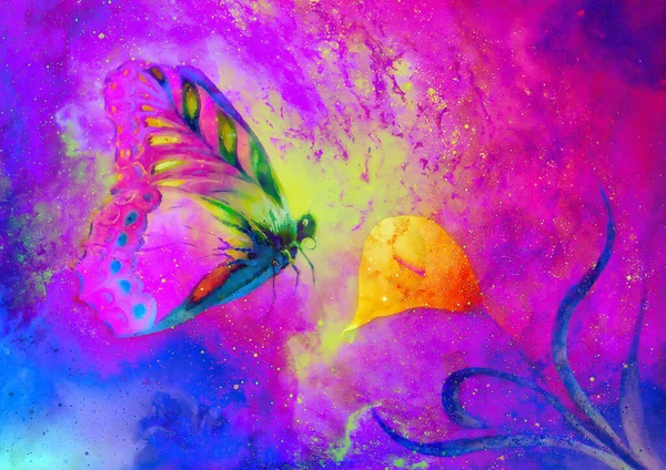 Fliegender Schmetterling Mit Cala Blume Kosmischen Raum Malen Mit Grafikdesign — Stockfoto