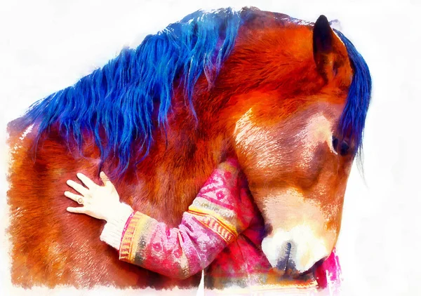 Cavallo Amorevole Una Ragazza Ragazza Che Abbraccia Cavallo Effetto Pittura — Foto Stock