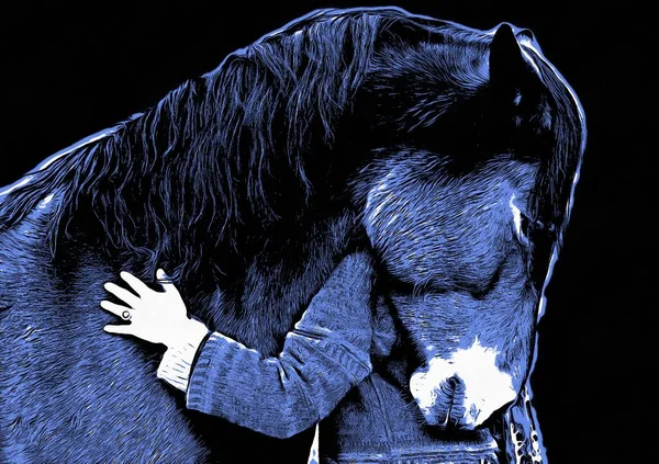 愛する馬と少女 馬を抱きしめる少女 コンピュータ ペインティング版 — ストック写真