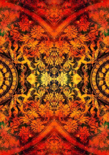 Filigrane Ornement Floral Forme Mandala Sur Fond Cosmique Collage Informatique — Photo