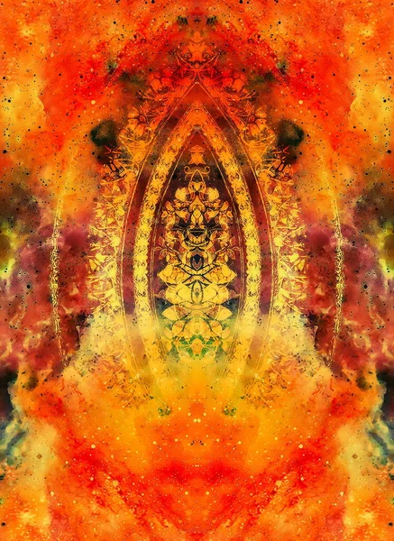 金银花卉点缀上宇宙背景 计算机拼贴的曼荼罗形状 防火的效果 — 图库照片