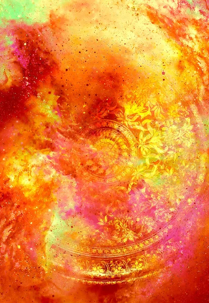 金银花卉点缀上宇宙背景 计算机拼贴的曼荼罗形状 防火的效果 — 图库照片