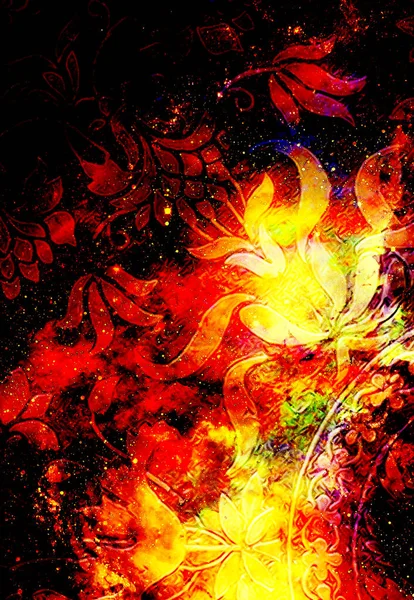 Filigrane Bloemen Ornament Kosmische Backgrond Computer Collage Fire Effect — Stockfoto