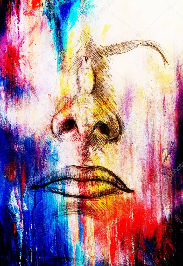 artistic sketch of face parts, nose and mouth, on colorful structured abstract background