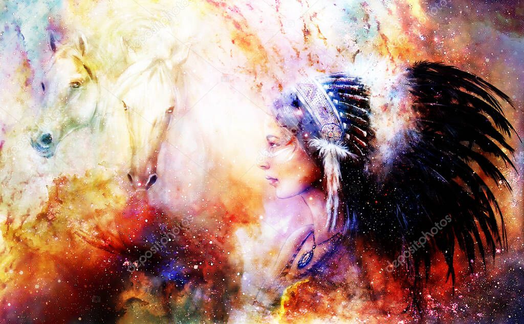 young native indian woman wearing a gorgeous feather headdress, with two horse, and cosmic space background