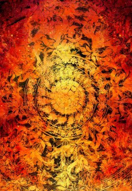 Soyut arka grond, bilgisayar kolajı üzerine filigrane çiçeği süsü. Ateş etkisi