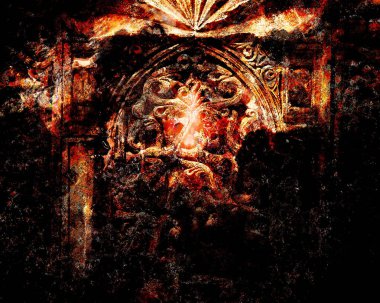 Geçit girişi, antik süs yapısı, bilgisayar kolajı. Ateş etkisi