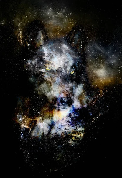Zauberhafter Weltraumwolf Mehrfarbige Computergrafik Collage — Stockfoto