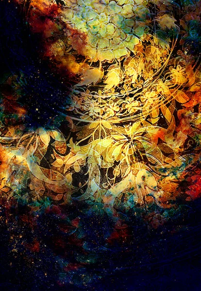 Filigrane Floral Ornament Mandala Shape Cosmic Backgrond Computer Collage — Stock Photo, Image