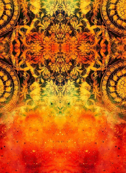 Adorno Floral Filigrane Con Forma Mandala Fondo Cósmico Collage Computadora —  Fotos de Stock