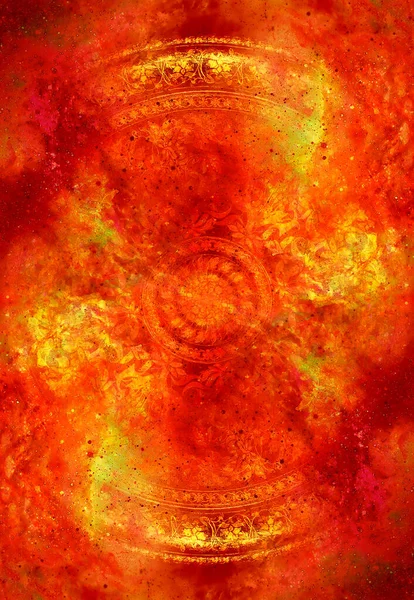 Filigrane Floral Ornament Mandala Shape Cosmic Backgrond Computer Collage Fire — Stock Photo, Image