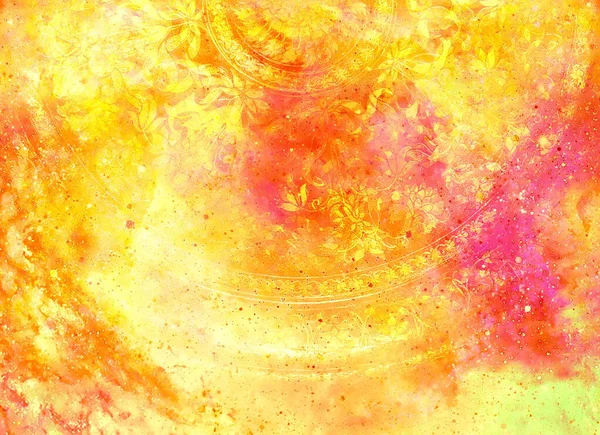 Filigrane Floral Ornament Mandala Shape Cosmic Backgrond Computer Collage Fire — Stock Photo, Image