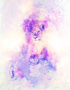 Sevimli aslan ve grahivc etkisi. Yumuşak bulanık suluboya arkaplan