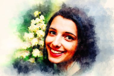 Gülümseyen, çiçekli ve suluboya arkaplanı bulanık genç bir kadın.
