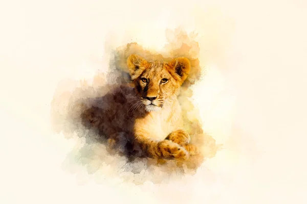 cute lion and graphivc effect. Softly blurred watercolor background