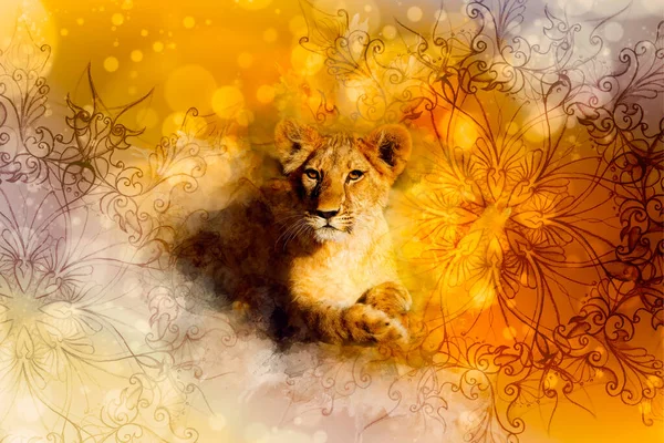 Cute Lion Graphivc Effect Softly Blurred Watercolor Background — Stock Photo, Image