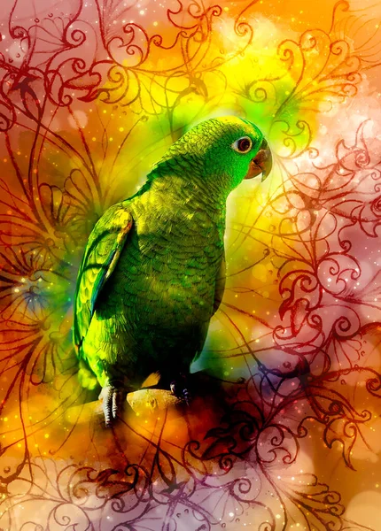 Green Parrot Ornaments Softly Blurred Watercolor Background — Stock Photo, Image