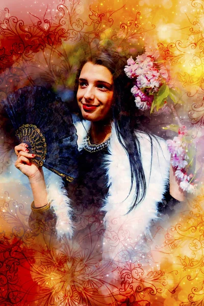 Lächelnde Junge Frau Mit Blume Und Ornament Und Sanft Verschwommenem — Stockfoto