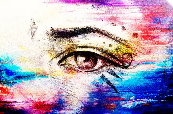 sketch of woman eye with eyebrow and makeup ornaments, drawing on abstract background