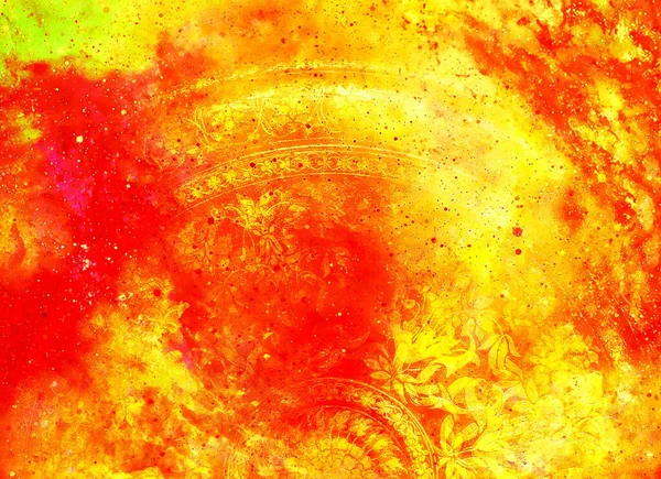 Filigrane Floral Ornament Mandala Shape Cosmic Backgrond Computer Collage Fire — Stock Photo, Image