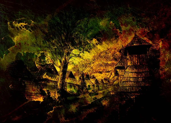 Vinobraní Horské Oldtime Dřevěnými Domky Zvonicemi Kresba Tužkou Dynamický Barevný — Stock fotografie