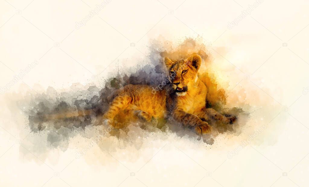 cute lion and graphivc effect. Softly blurred watercolor background