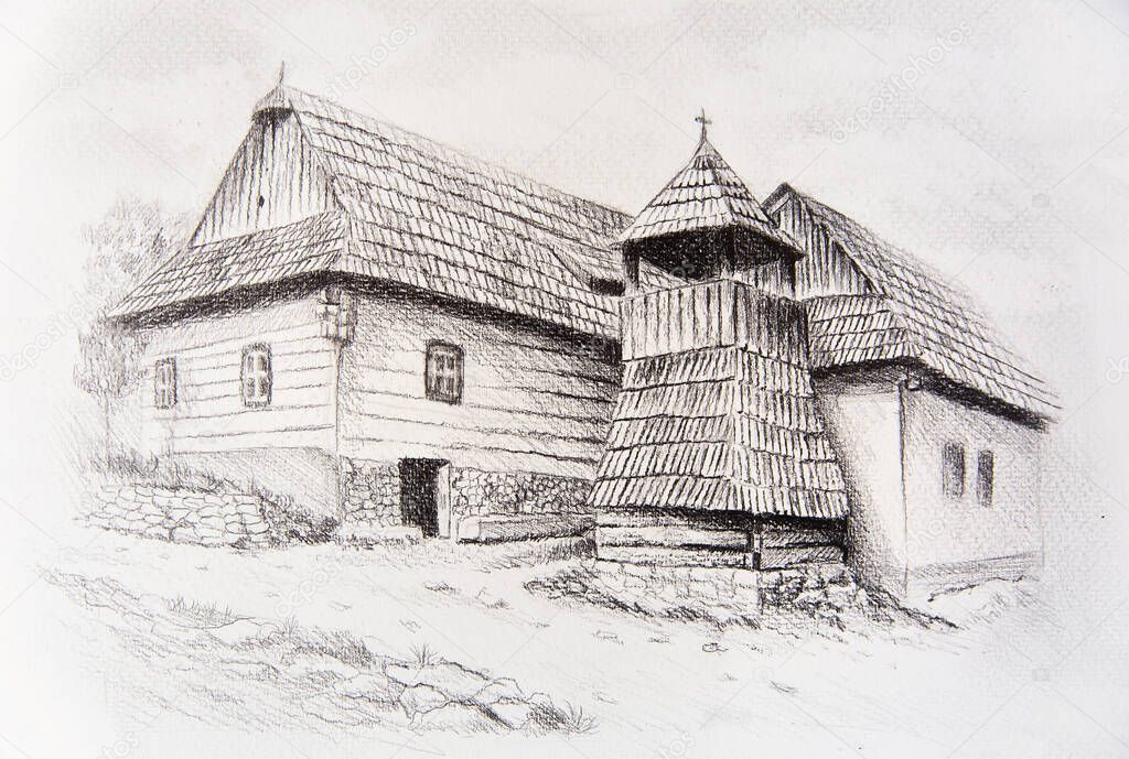 Idylic willage houses with wooden belfry, pencil drawing on paper