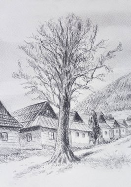 Eski zamanlardaki dağ ormanlarında kireç ağacı, eski kağıt üzerine kalem çizimi.