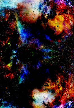 Sihirli uzay kurtları, çok renkli bilgisayar grafikleri kolajı.