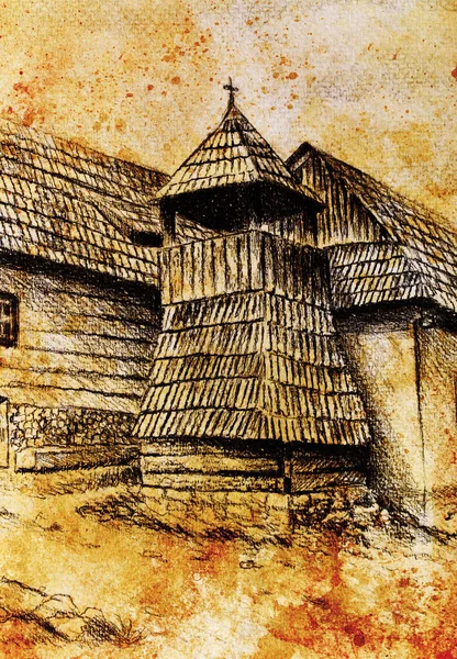 Idylic Willage Houses Wooden Belfry Pencil Drawing Paper Color Effect — Stock Photo, Image