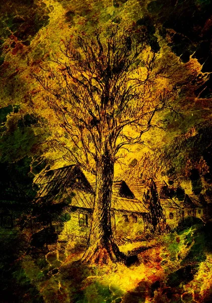 Árvore Limão Velha Montanha Willage Tempo Lápis Desenho Colagem Com — Fotografia de Stock