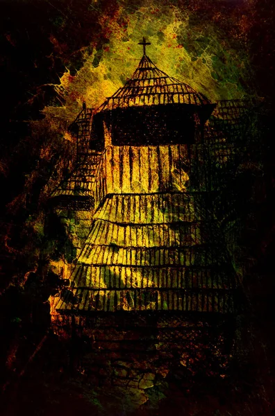 Historická Dřevěná Zvonice Horské Závěti Kresba Tužkou Papíře Kouzelným Barevným — Stock fotografie